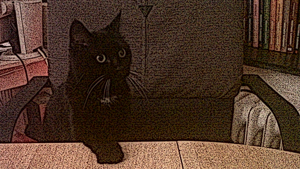 Im Bild zu sehen, Gregors Katze Morle in einer Comichaften darstellung wie sie mit der Pfote auf den Esstisch haut.