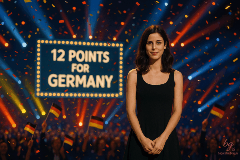 Zurückhaltende Siegerin vor der imposanten "12 POINTS FOR GERMANY"-Anzeige beim ESC, umgeben von Konfetti und deutschen Fähnchen.