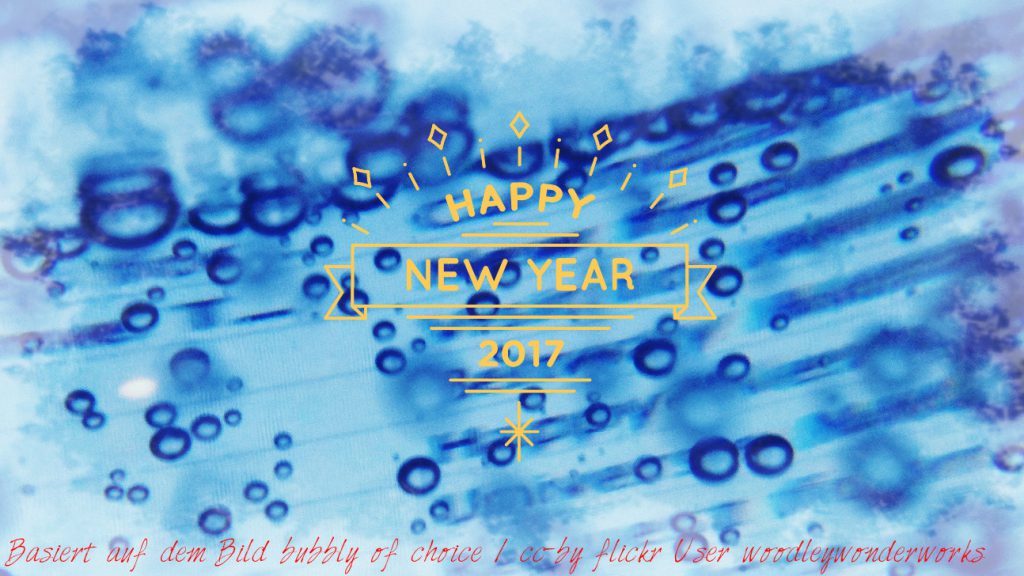 Neujahrsgrüße über einem Blauen Bild mit Blubberblasen...