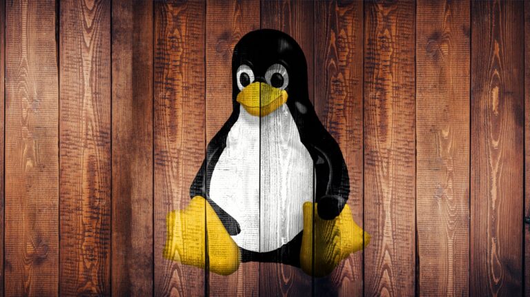 Linux Masskotchen TUX auf Holzwand