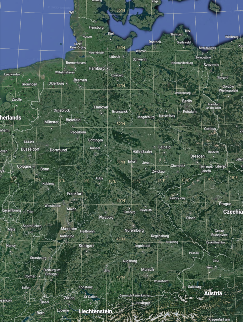 Die Aktuelle Karte von Deutschland, in der Fassung von Google Earth, im Bereich der Breitengrade 47 - 55° N und den Längengraden 6 -15° E°