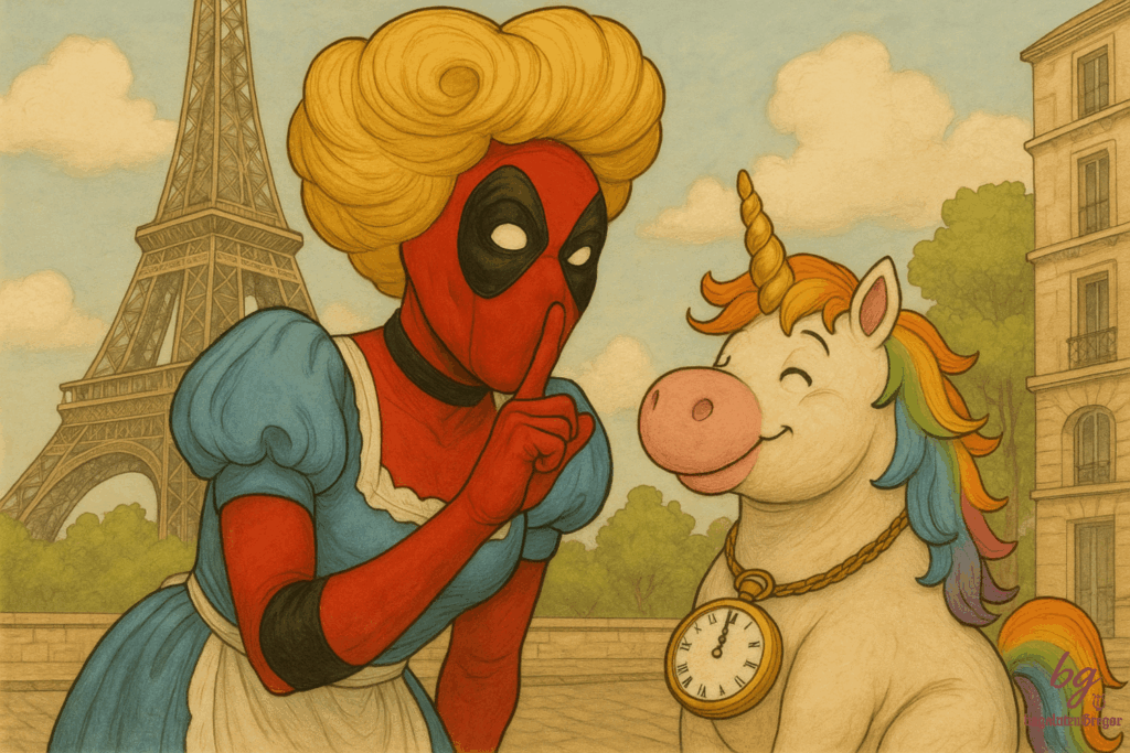 Deadpool im Alice-Kleid macht „Pssst“ vor dem Eiffelturm, daneben ein Einhorn mit Regenbogenmähne und Taschenuhr.
