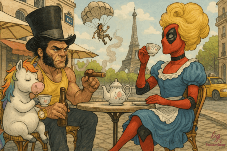 Deadpool im Kleid, Wolverine mit Zylinder und Einhorn genießen Tee vor dem Eiffelturm – Pariser Alltag mal ganz anders.