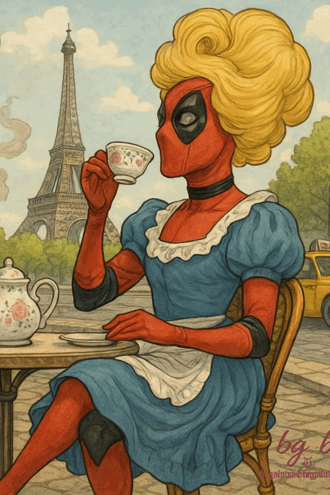 Deadpool im Kleid, Wolverine mit Zylinder und Einhorn genießen Tee vor dem Eiffelturm – Pariser Alltag mal ganz anders.