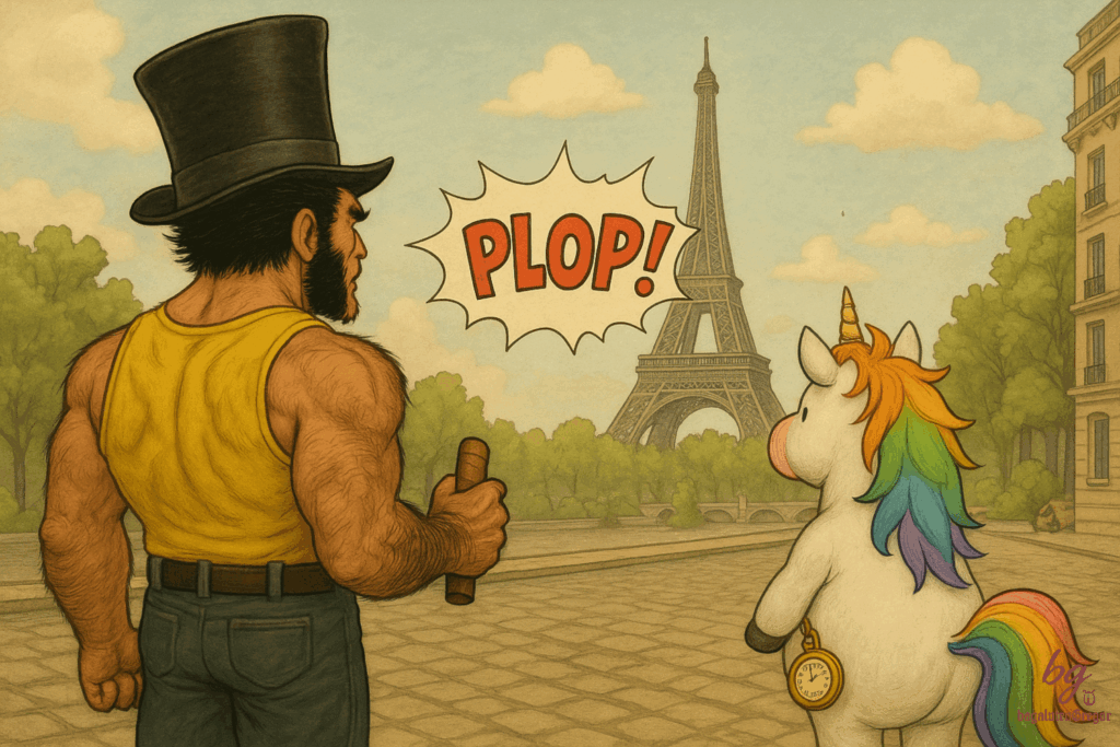 Wolverine und Einhorn vor dem Eiffelturm, blicken auf ein „Plop!“, das eine magische Ankunft andeutet.