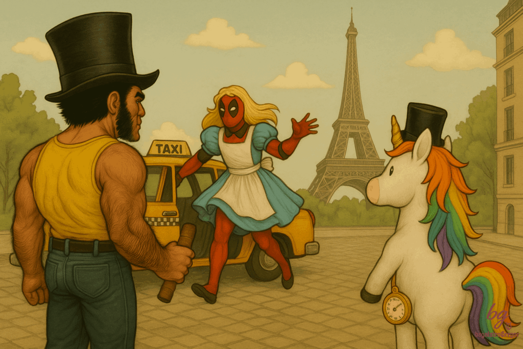 Wolverine und Einhorn vor dem Eiffelturm, Deadpool im Kleid steigt comic-haft aus einem gelben Taxi.