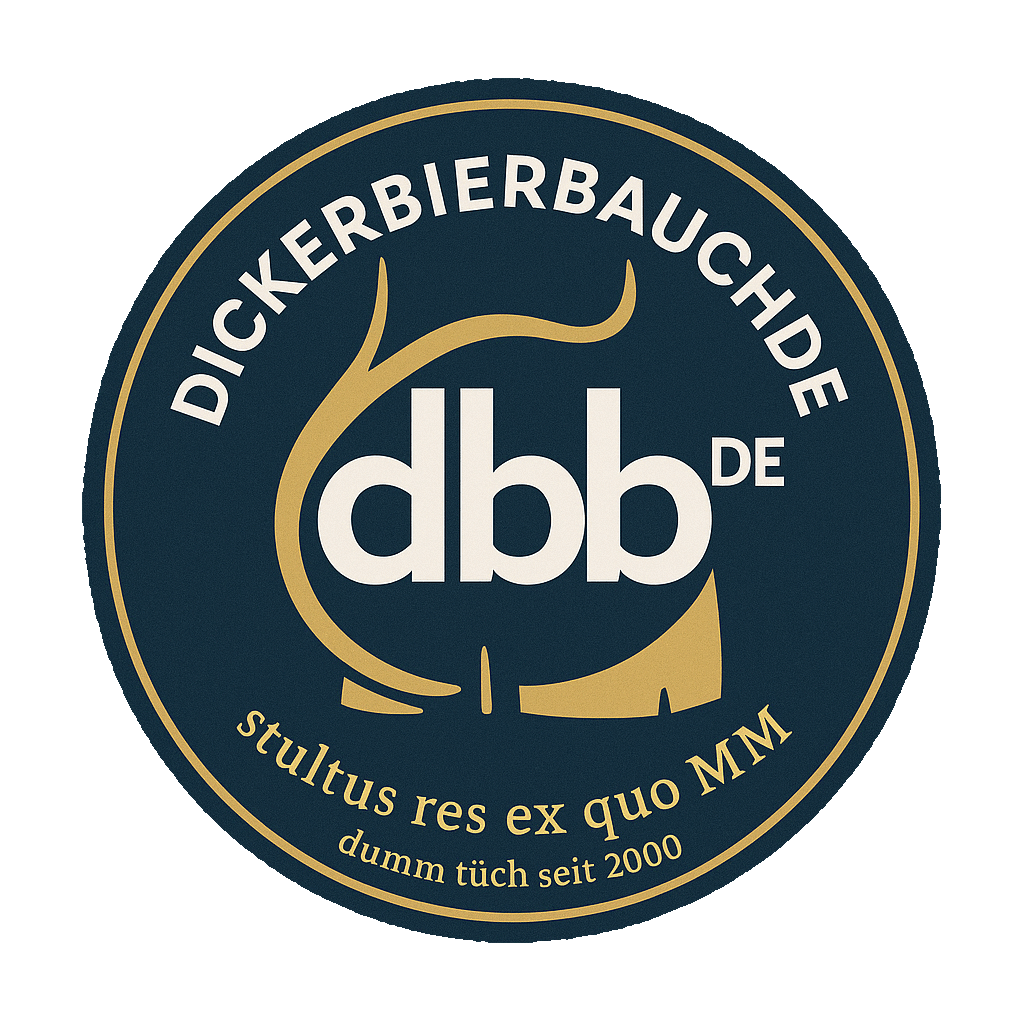 Rundes Logo "DickerBierBauchDE" mit stilisiertem Bierbauch, Slogan auf Latein und Gründungsjahr 2000 auf dunkelblauem Grund.