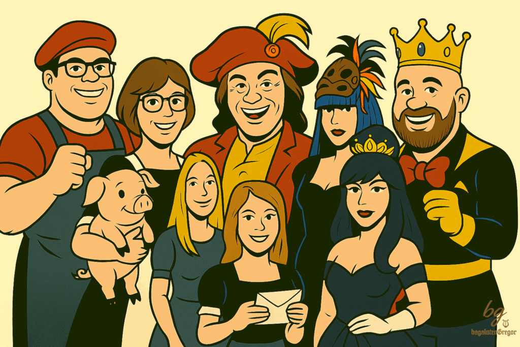 Comic-Gruppe in bunten Kostümen: Pirat, König, Maskierte, Schwein und weitere Figuren, alle fröhlich vereint.