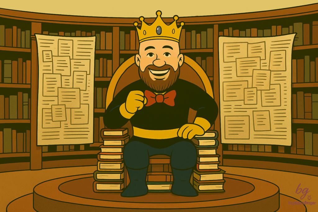 Cartoon-König mit Krone sitzt auf einem Bücherthron in einer Bibliothek, umgeben von Regalen und Notizzetteln.